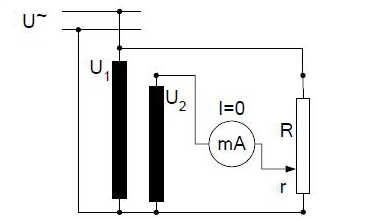 Šema za merenje prenosnog odnosa transformatora potencijometarskom metodom