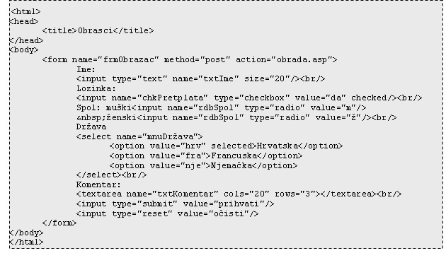 Primjer obrasca HTML