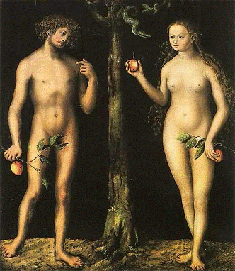 Prikaz biblijske scene u kojoj Eva nudi Adamu jabuku